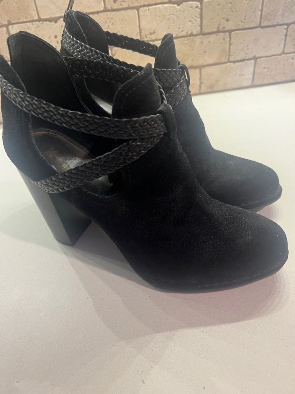 Frye Black Suede Braided-Strap Block Heel Booties size 10